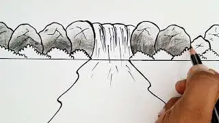 nature waterfalls drawing | landscape drawing | rocks, waterfall scenery drawing | #scenerydrawing
