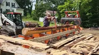 Ben's Timber frame order 2.  Cutting 16' 8x8 sill plate.  Stellicut band.