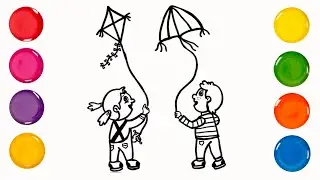 How to Draw and Color Kids flying Kites | Drawing & Coloring for Kids | Easy drawing Step by step