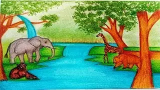 How To Draw Forest Scenery with Animals - Forest Scenery Drawing