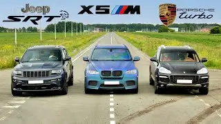 BATTLE Jeep SRT vs BMW X5M vs Porsche Cayenne Turbo