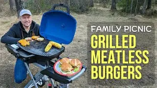 Ultimate meatless juicy burgers outdoors. Let's try Napoleon travel gas grill. Picnic season is open
