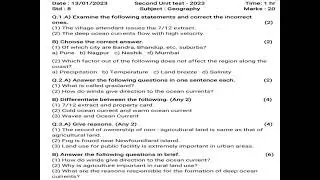 Class 8 Geography Question paper | Second Unit Test - 2023 | 