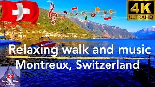 Relaxing walk and music in Montreux, Switzerland, calm and focus with scenic view of lake Geneva, 4k