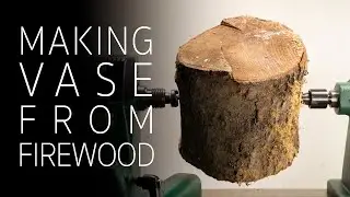 Woodturning a vase from firewood log on the lathe using a jam chuck to remove the tenon