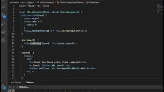 Class Component, How to update state with example of incrementing count, constructor, setState usage