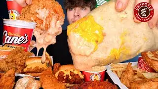 ASMR MUKBANG EXTRA CANES SAUCE GIANT CHIPOTLE BURRITO POPEYES CHICKEN BURGERS & FRIES | WITH CHEESE