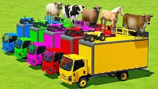 TRANSPORTING COLORED ATVS, COWS, BULLS, SHEEPS, HORSES, RAMS & TRACTORS WITH ISUZU TRUCKS - FS22