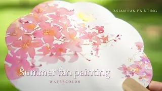 Asian paper fan painting/ watercolor fan art_ Summer hand fan/ flowers and butterfly/ 손부채 그림 수채화
