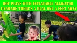 *INSANE FOOTAGE*Boy plays with inflatable alligator unaware there's a REAL one a feet away