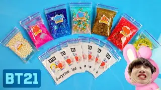 Making BT21 Slime With Surprises Bags #75 | Glitter and Beads Clear Slime, ASMR Satisfying Slime