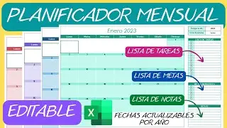 Planificador Mensual📆Editable Perpetuo en Excel✅Calendario Agenda