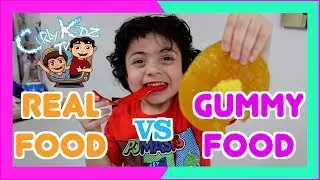 Gross Real Food VS Gummy Food Challenge Giant Gunmy Candy Review Breakfast Edition Kids Taste Test