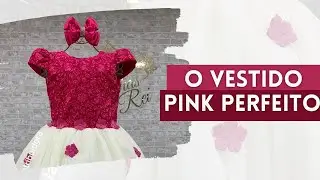 Vestido de festa infantil Pink com flores 3D ideal para daminhas, floristas e festa da Barbie.
