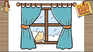How to Draw a Cat Sitting on Window | How to Draw a Window and Curtains | How to Draw Winter