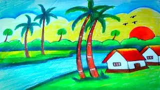 গ্রামের প্রাকৃতিক দৃশ্য আঁকা | How To Draw Easy Village Scenery | ছবি আঁকার উপায় | Rupar Rong Pencil