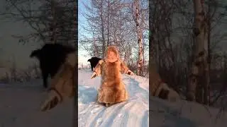 Ребенок оленеводов играет с собакой