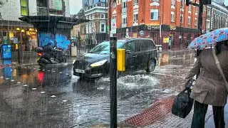 Heavy Rain Hits London ☔️ St Katharine Docks to Brick Lane, East End London Walk · 4K HDR