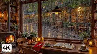 Gentle Jazz Instrumental Music for Work, Study ☕ Rainy Coffee Shop Ambience & Cozy Fireplace Sounds