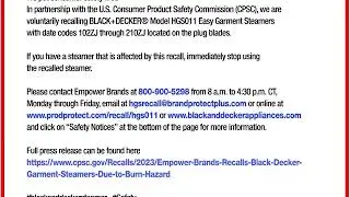 Black+Decker Steamer Recall Notice