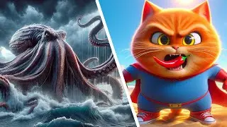SuperCat And  Giant Octopus | Beach 🐈⚔️🐙 #cat #cutecat #cute