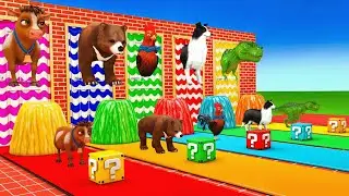Cow Elephant Bear Gorilla Tiger T-Rex Guess the Mystery Door with Tires Animals Breaking the Portal
