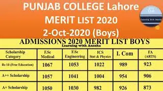 PGC Boys Merit List 2020 | Punjab College Lahore Scholarship Merit List for Boys 2020