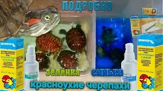 Красноухие черепахи. Метиленовый синий и малахитовый зелёный. Ванночки с синькой