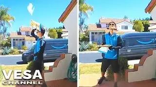 Delivery guy accidentally throw a package on the roof