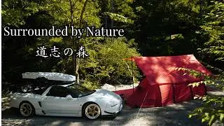Solo HONDA NSX camping in deep forest with the clear water. Nature ASMR. Relaxing healing Cozy camp
