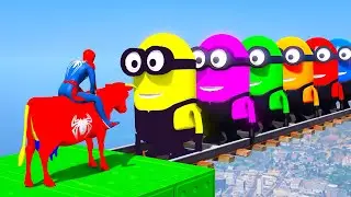 GTA 5 Ragdolls Spiderman Cow on Minions Rail Parkour (Euphoria Physics) Jumps - بقرة سبايدرمان أحمر
