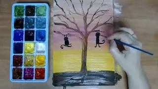 Котики на ветках. Гуашь, без предварительного рисунка.