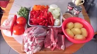Хашлама два мяса(баранина-говядина) с овощами в пиве в казане.