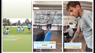 Luis Suarez having fun with his Uruguay team mates during international match