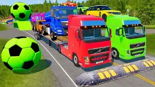 Double Flatbed Trailer Truck vs Speedbumps Train vs Cars | Tractor vs Train Beamng.Drive 003
