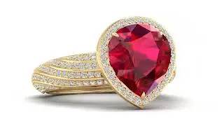 Pear shaped Ruby and Diamond studded Yellow Gold Ring rendered by Cad & Render