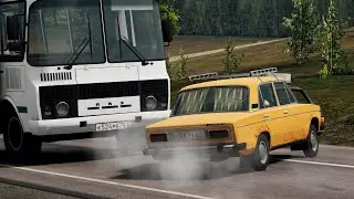 Пьяный водитель жигулей потерял управление на обгоне и врезался во встречный автобус в BeamNG.Drive!