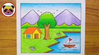 Scenery Drawing / How to Draw Beautiful Landscape Scenery / Village Scenery Drawing Easy / Chitra