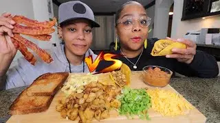 AMERICAN BREAKFAST VS. MEXICAN BREAKFAST MUKBANG! +DDG & HALLE