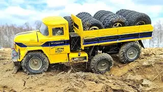 Transporting Tires by RC Unimog U5000 Trailer and RC ZIL131 - Mud, Bog and Slippery Bridge