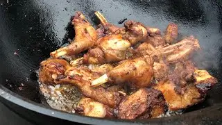 Marinated rabbit in a cauldron on a fire with a secret ingredient. Recipes from Rinat