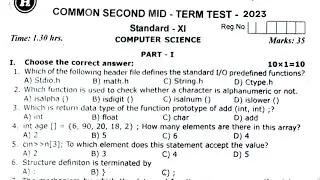 11th Computer Science Second Mid-term question paper 2023 | English Medium