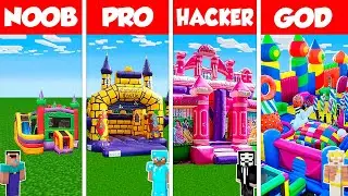 Minecraft Battle: NOOB vs PRO vs HACKER vs GOD: BOUNCY CASTLE HOUSE BASE BUILD CHALLENGE / Animation