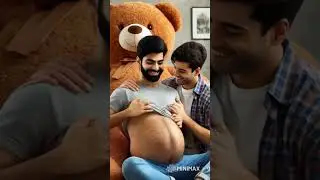 Pregnant handsome man with his husband in his house and husband gift big teddy to Pregnantman
