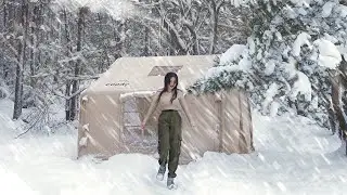 INFLATABLE TENT CAMPING IN A SNOW STORM ❄️ CAMPING ASMR