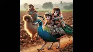 chubby  Cute small cute monkeys ride​ Peacock  near field in village setting.#AI #Lovely #shorts