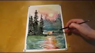 Как нарисовать закат, ели, озеро
