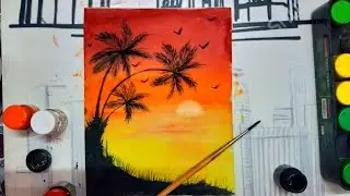 Easy Sunset Scenery poster colour penting for beginners.