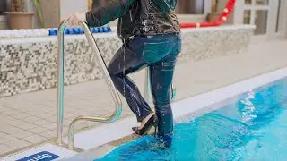 Pool swim in jeans and leather jacket