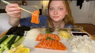 ASMR~EATING SALMON SASHIMI WITH SAUCES~SUSHI~NIGIRI 🍣